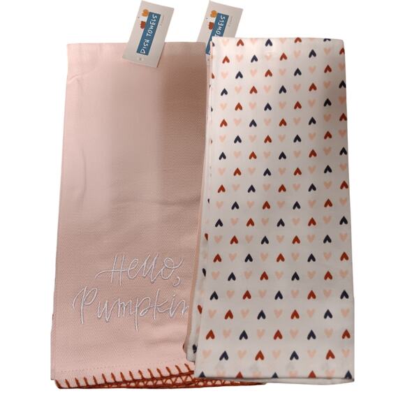 Kitchen Towels – Orange, 25" x 15", “Hello, Pumpkin” + Heart Patterned Towels - Picture 1 of 5